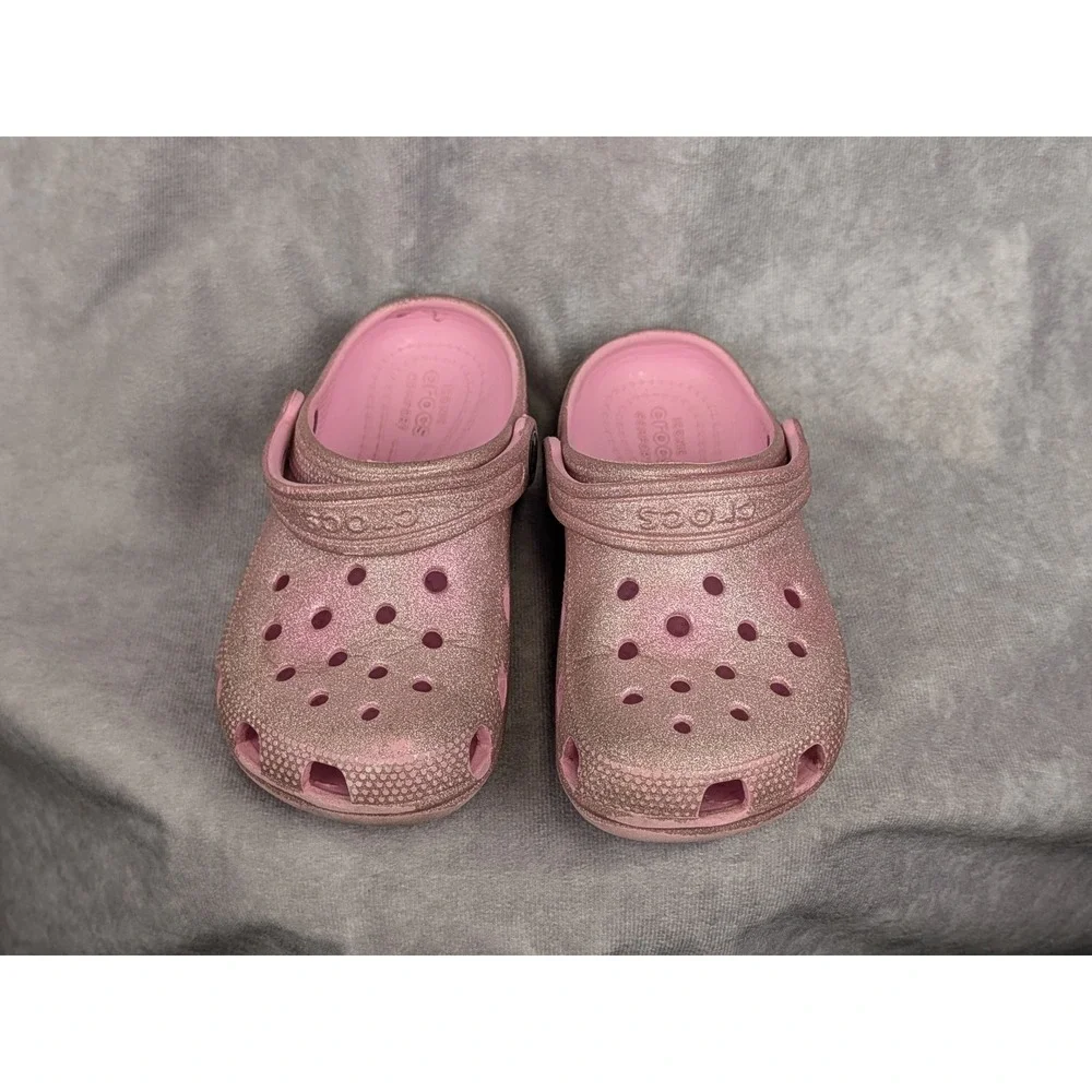 Crocs Kids Classic Glitter Clog Pink Sparkle Slip On‎ Shoes Size C12